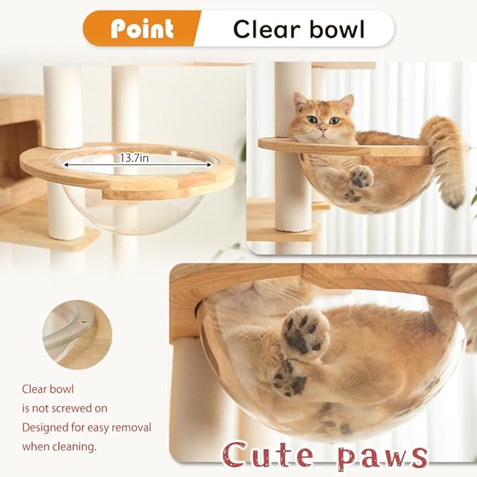 74.8" Wooden Cat Tree Tower for Large Cats, Multi-Level Cat Climbing Furniture with Scratching Posts, Cat Condo & Hammock, Natural Wood Cat Activity Center (White)-Mewly Pet