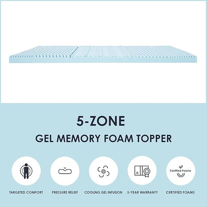Mellow 3 Inch 5-Zone Memory Foam Mattress Topper, Cooling Gel Infusion, Dorm Essentials, King Blue