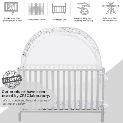 Baby Pop Up Crib Tent, Crib Net to Keep Baby from Climbing Out, Crib Canopy Cover Against Falling and Bites, Strong Frame & Soft Breathable Mesh, White+stars