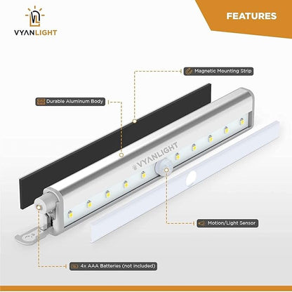 VYANLIGHT Under Cabinet Lighting – Motion Sensor Closet Lights, Battery Operated LED Strip Light Bar, Stick-On Wireless Indoor Lights for Kitchen, Pantry, Hallway, Stairs, 4 Pack