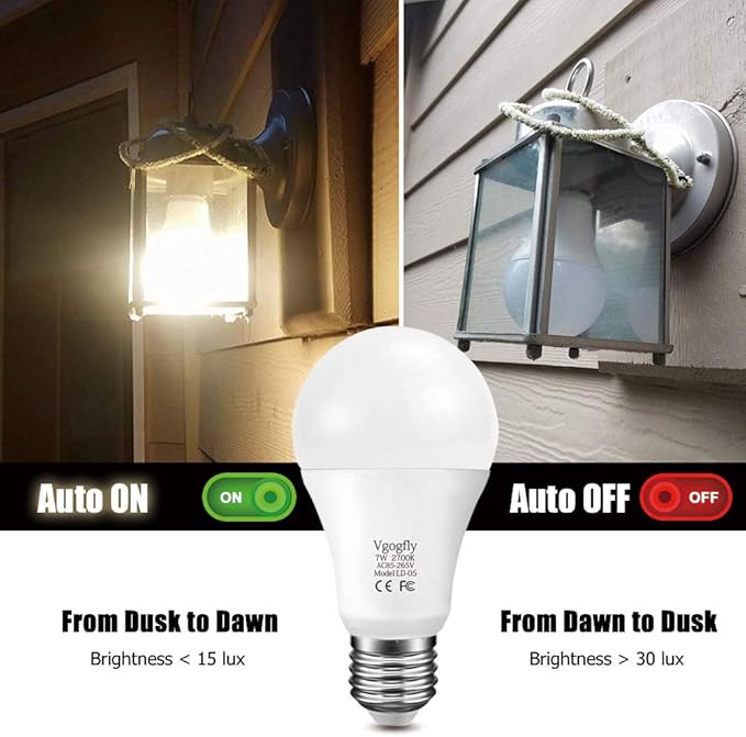 Vgogfly Sensor Lights Bulb Dusk to Dawn LED Light Bulbs Smart Lighting Lamp 7W E26/E27 Automatic On/Off, Indoor/Outdoor Yard Porch Patio Garage Garden (Warm White, 2 Pack)