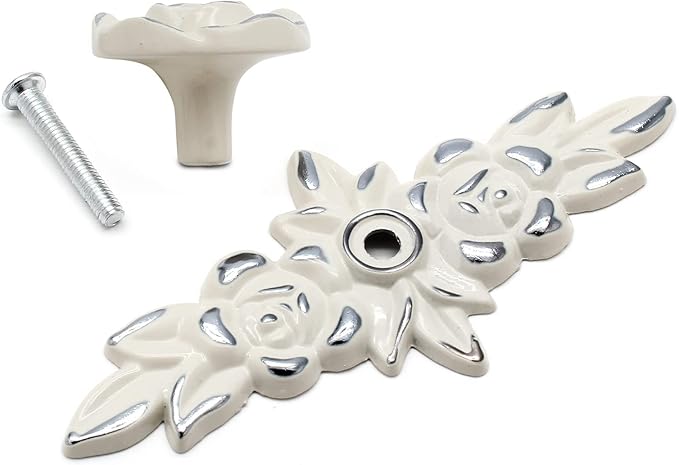 Uenhoy 5 Pcs Rose Cabinet Knobs with Backplate, Vintage Floral Drawer Knob Pulls, Zinc Alloy Rose Flower Drawer Pull Handles for Cabinets and Dresser - 4 Inch, Ivory White with Silver Trim