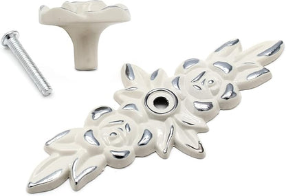 Uenhoy 5 Pcs Rose Cabinet Knobs with Backplate, Vintage Floral Drawer Knob Pulls, Zinc Alloy Rose Flower Drawer Pull Handles for Cabinets and Dresser - 4 Inch, Ivory White with Silver Trim