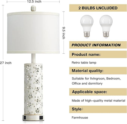 Set of 2 Rustic Table Lamps for Living Room Bedroom, Vintage Farmhouse Nightstand Lamp with 2 USB Ports, Hollow Out Metel Lamp for End Table with Nightlight (Retro White)