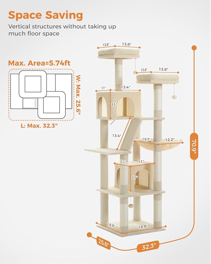 PAWZ Road 70 Inch Cat Tower, Tall Cat Tree with 2 Cozy Condos, 2 Plush Perch, Large Basket, 2 Scraching Pad & 6 Scraching Posts for Indoor Cats Large Adult, Beige-Mewly Pet