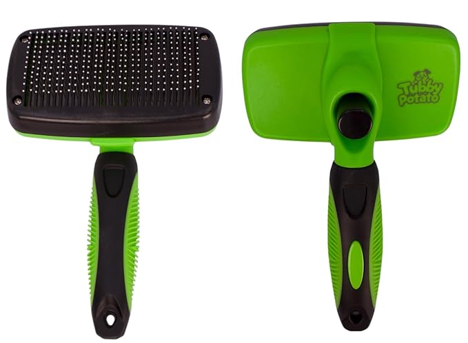 Tubby Potato™ Self Cleaning Slicker Brush - Deshedding Brush for Long and Short Haired Pets. Comfortable and Safe for Senitive Skin. Great for Dogs, Cats, and other Small Animals- Green-Mewly Pet