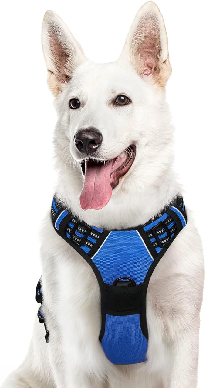 Eagloo Dog Harness for Large Dogs, No Pull Service Vest with Reflective Strips and Control Handle, Adjustable and Comfortable for Walking, No Choke Pet Harness with 2 Metal Rings, Blue, XL-Mewly Pet