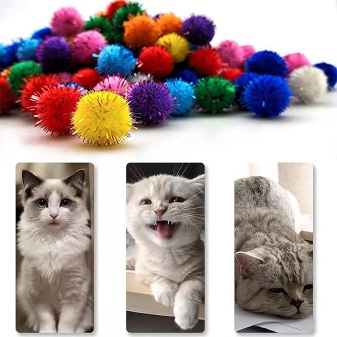 30Pcs 1.2inch/3cm Sparkle Balls for Cats - Interactive Toy Pom Pom Fuzzy Tinsel Cat Balls for Indoor Play (Mixed Colour)-Mewly Pet