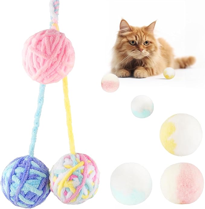 TUSATIY 9PCS Cat Ball Toy, Multi-Colored Cats Fuzzy Balls & Woolen Yarn Kitten Toys Balls with Bell Inside,Soft Interactive Cat Toys for Indoor Cats Self Play-Mewly Pet