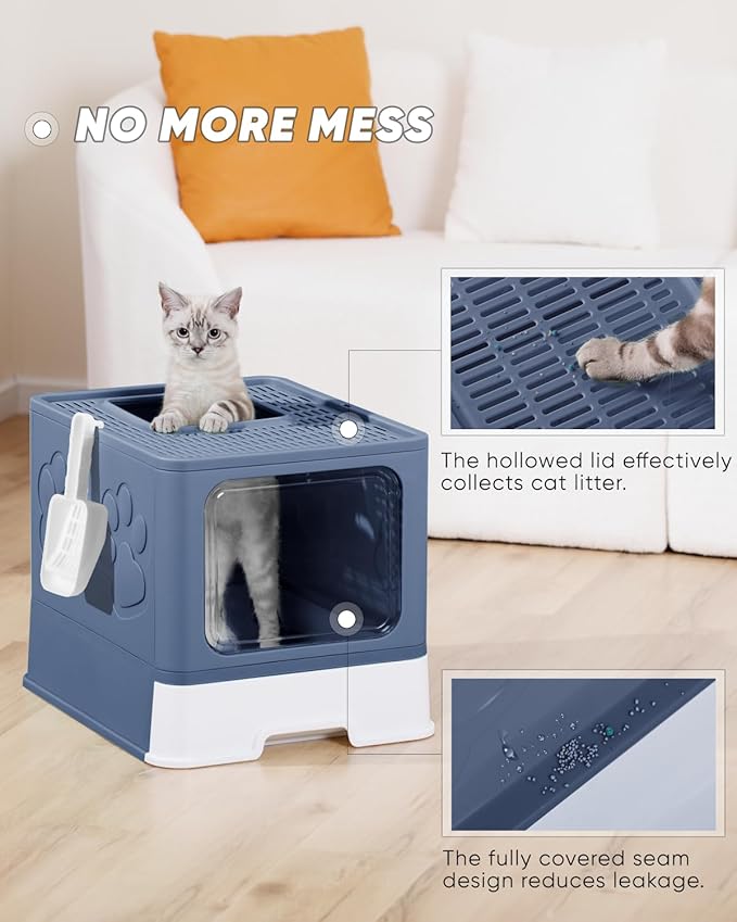 Enclosed Cat Litter Box, Large Litter Box for Big Cats, Covered Kitty Litter Boxes with Lid, Top Entry Cat Box Enclosure with Scoop, Odor Control, Easy to Clean(Blue)-Mewly Pet