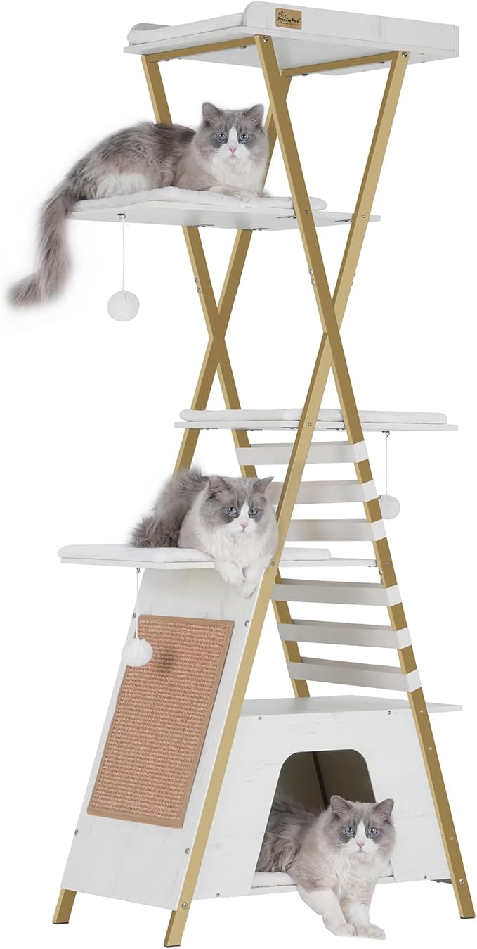 FourFurPets 72.4" Cat Tree, Modern Cat Tower for Indoor Cats, Multi-Level Cat Condo with Caves, Tall Cat Tree with Cat Scratching Board, Wooden Cat Tower with Large Perch, Removable Pads, White-Mewly Pet
