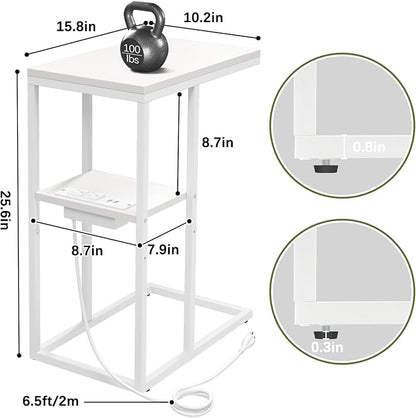 Yoobure C Shaped End Table with Charging Station, Small Side Tables for Living Room Bedroom, Sofa Table with USB Ports and Outlets for Small Spaces, Rustic Bed Side Table