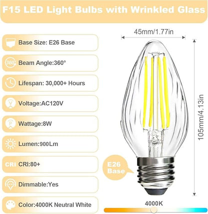 BRIMAX F15 8W LED Light Bulbs,Neutral White 4000K,80W Incandescent Equivalent,Dimmable,E26 Medium Base,Flame Wrinkle Glass,4 Pack
