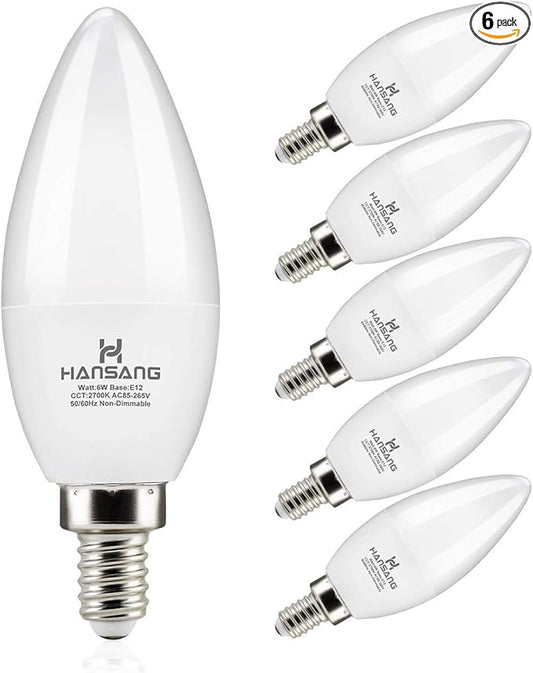 hansang Candelabra LED Bulbs,60 Watt Equivalent,600LM Warm White 2700K,Type B Light Bulb,E12 Small Base,Decorative Chandelier Bulb,Ceiling Fan Bulbs,Non-Dimmable,Pack of 6