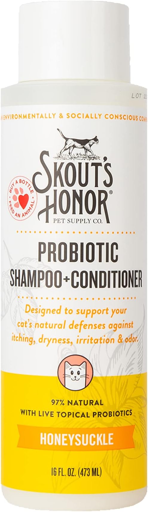 Skout's Honor Probiotic Cat Shampoo & Conditioner with Avocado Oil & Omega-3s, 97% Natural, Paraben & Sulfate-Free, Cruelty-Free, Defend Against Itch, Dryness, Irritation. 16oz, Honeysuckle-Mewly Pet