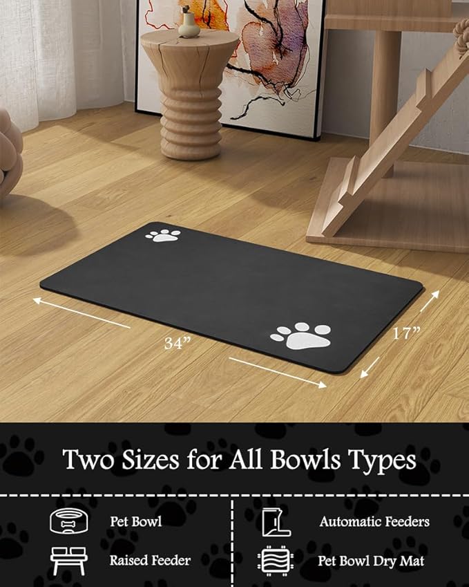 Pet Feeding Mat-Absorbent Dog Mat for Food and Water Bowl-No Stains Quick Dry Water Dispenser Mat-Dog Accessories Pet Supplies-Bowl for Messy Drinkers（Black,17"x34"