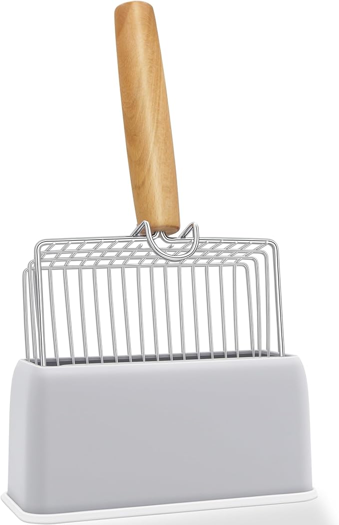 UFECODO Fast Sifting Cat Litter Scoop with Holder Stand, Stainless Steel Poop Scooper with Ergonomic Wood Handle, Heavy Duty and Easy Clean-Mewly Pet