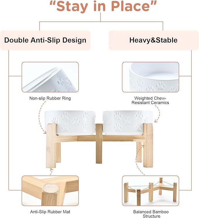 SPUNKYJUNKY Elevated Dog Bowls Ceramic, 6.1'' Dogs and Cat Food Water Bowls Raised with Non-Slip Bamboo Stand for Medium Sized Breed Microwave Dishwasher Safe - 28.7 OZ,Paw White-Mewly Pet