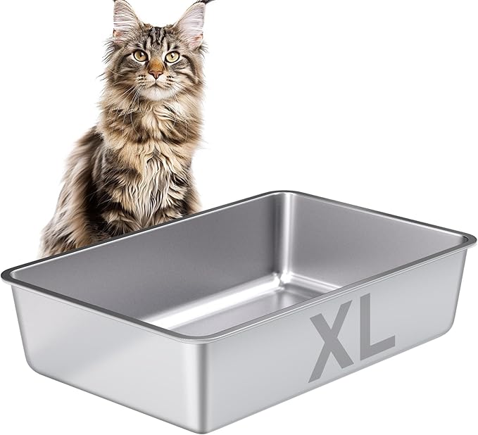 Stainless Steel Litter Box Easy Clean,-Large Metal Litter Box for Cats, High Sided Metal Litters Boxes, No Smell, Non Stick, Odor Proof, Indoor Outdoor-Mewly Pet
