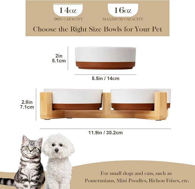 MALACASA Ceramic Dog Bowls, Dog Water/Food Dish with Wood Stand Non-Slip,14oz, Pet Basic Bowls for Your Puppy, Small Dogs or Cats,Glaze Matte Weighted Non-Slip (S-1.5 Cups)-Mewly Pet
