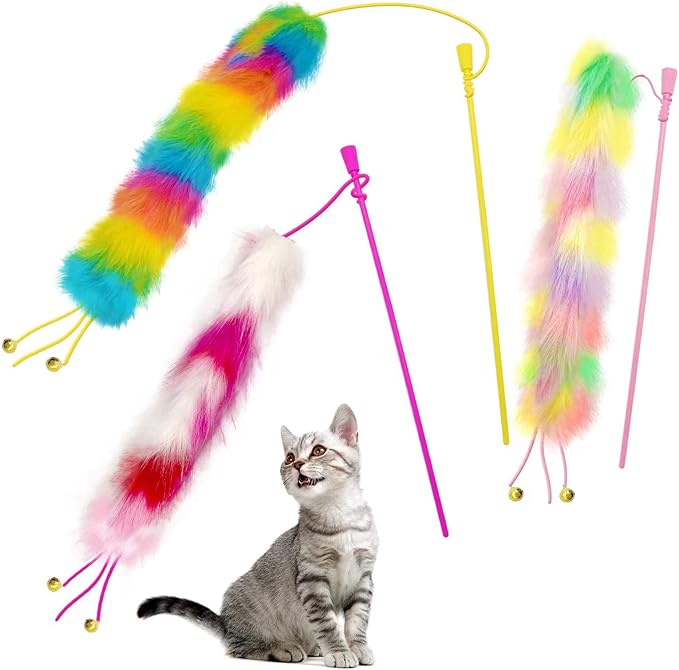 3 Pack Cat Wand Toy, Rainbow Cat Feather Toys with Bells, Teaser Wand with Soft Furry Tail, Interactive Toys for Indoor Cats & Kitten & Kitty-Mewly Pet