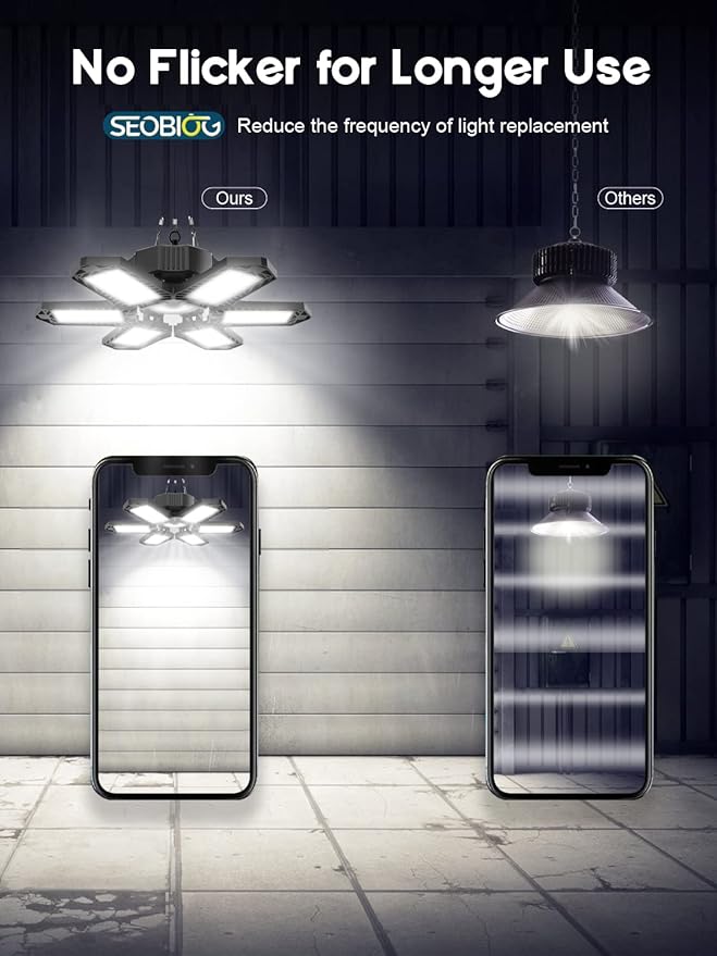 SEOBIOG LED Garage Lights - 6 Pack, 200W 20000LM Plug-in Shop Light with 6+1 Deformable Panels for Garage, Warehouse, Barn, Basement (Built-in ON/Off Switch)