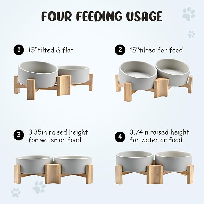 SPUNKYJUNKY 15° Slanted Ceramic Dog and Cat Bowl with Wooden Stand, Tilted Bulldog Food and Water Bowl No Slip Non-Spill for Cats Medium Dogs Big Face Pets 13.5 OZ (1.7 Cups, Grey × 2)-Mewly Pet