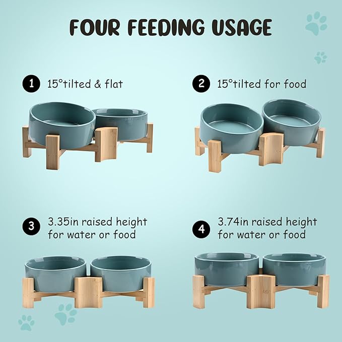 SPUNKYJUNKY 15° Slanted Ceramic Dog and Cat Bowl with Wooden Stand, Tilted Bulldog Food and Water Bowl No Slip Non-Spill for Cats Medium Dogs Big Face Pets 13.5 OZ (1.7 Cups, Light Green × 2)-Mewly Pet