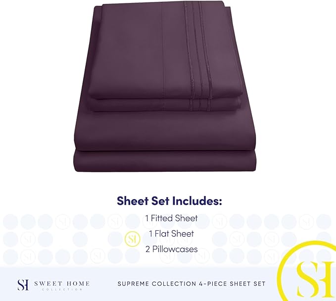1800 Supreme Collection - Breathable Luxury Full Size Sheet Set with Full Elastic & Secure Corner Straps Built In, Extra Soft Deep Pocket Bedding, Purple