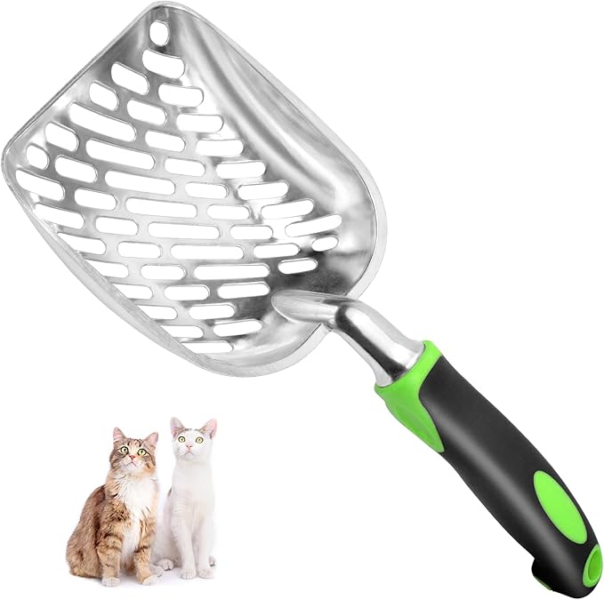Cat Litter Scoop-Metal Cat Scooper-Long Handle Scoop,Cat Scooper-Poop Sifting-Mesh Shovel-Suitable for Cat Litter Box(Green)-Mewly Pet