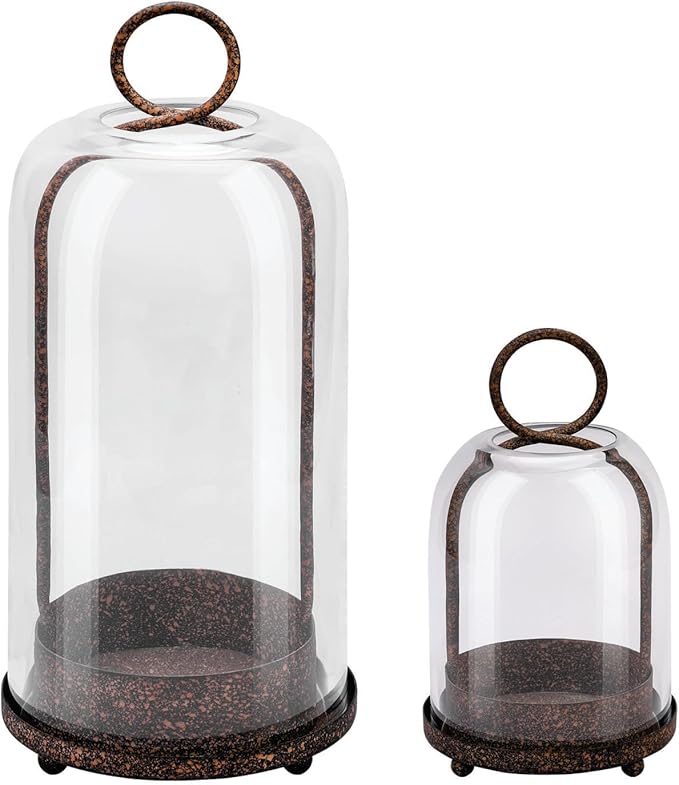 5" & 4" Wide Versatile Metal Candle Holder in Rustic Brown with Handmade Thick & Sturdy Glass Dome Cover for Pillar Candle & Plants, Farmhouse, Shabby Chic Style (2, Brown, Large & Small)