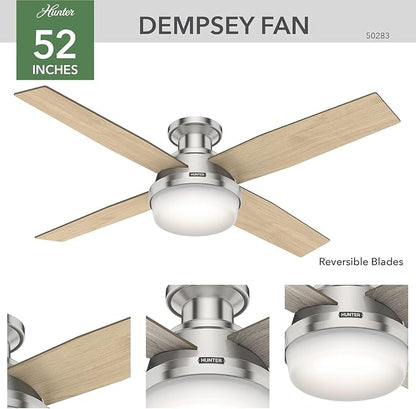 Hunter 52 inch Indoor Ceiling Fan with LED Light and Remote Control- Modern Ceiling Fan, Low Profile Mount, 4 Light Gray Oak Blades, For Bedroom, Living Room, or Kitchen- Dempsey 50283, Brushed Nickel