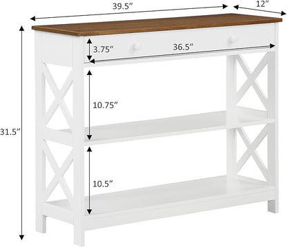 Convenience Concepts Oxford 1-Drawer Console Table 39.5" - Farmhouse Sofa Display with Storage Shelf For Living, Family, & Dining Room, Modern Entryway Hall Table for Kitchen, Bedroom, Driftwood/White