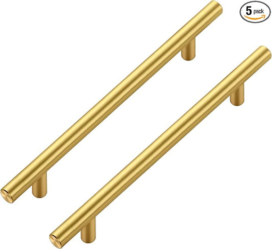 JOY DECOR 5 Pack Cabinet Handles, Gold Cabinet Pulls, 6-1/4 in Hole Center Kitchen Cabinet Handles, Stainless Steel T Bar Handles for Dresser Drawers