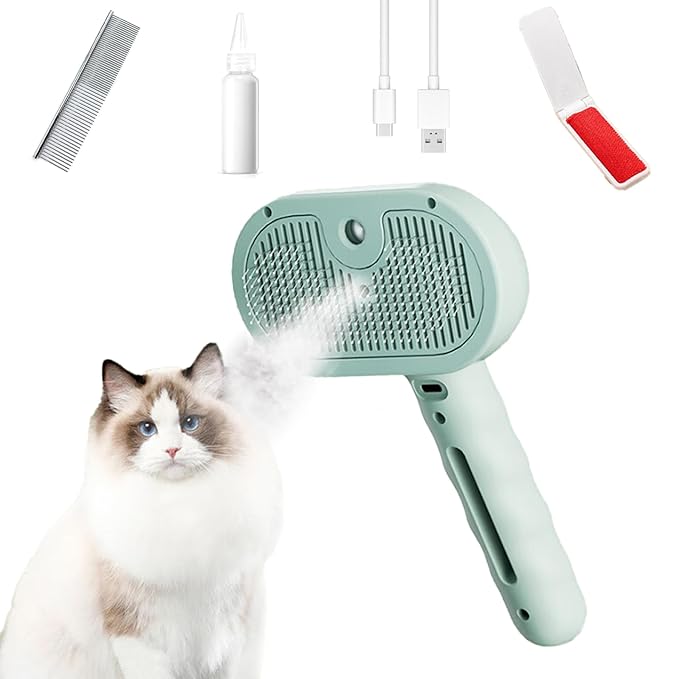 Trumoon Pet steam brush for dogs and cats, Pet Grooming Tool Kit with a stainless steel comb and a portable pet hair remover (Green)-Mewly Pet