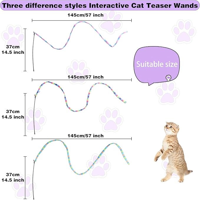 Cat Wand Toys Interactive Kitten Toys Cat Teaser Wand String Feather for Indoor Colorful Ribbon Wands Stick Toy Cat Charmer-3 Packs-Mewly Pet
