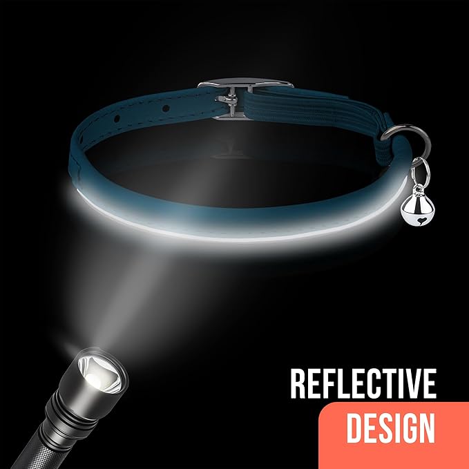 OOPSDOGGY Rolled Leather Cat Collar with Bell, Reflective Kitten Collars with Buckle Include Safety Elastic Strap - Adjustable Small Pet Collars for Boy Girl Cats (Blue)-Mewly Pet