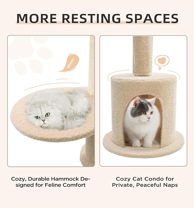 Made4Pets Floor to Ceiling Cat Tree 93-106'',Tall Cat Tower 5 Tiers, Adjustable Height, Stable Cat Tree Tower with Scratching Posts, Fluffy Condo, Hammock and Ball Toy for Indoor Cats/Kitten, Beige-Mewly Pet