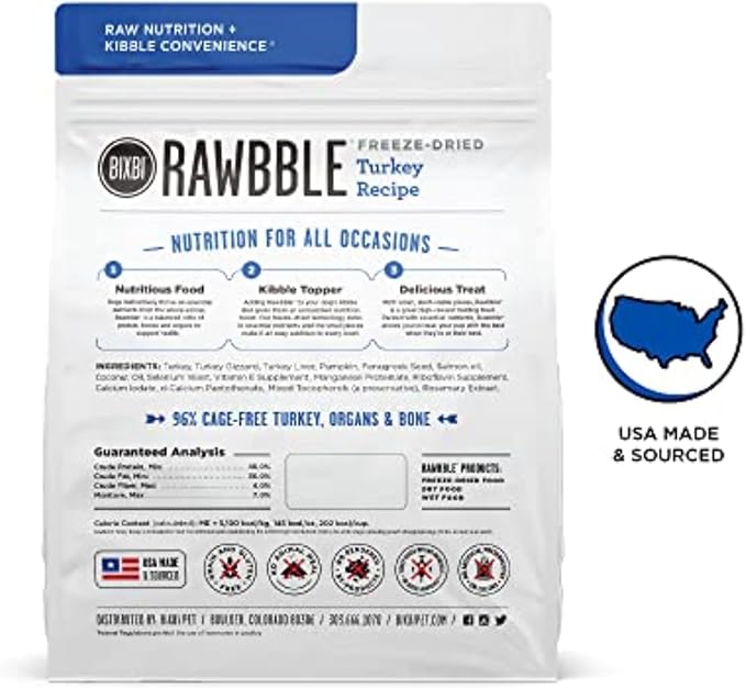 BIXBI Rawbble Freeze Dried Dog Food, Turkey Recipe, 12 oz - 96% Meat and Organs, No Fillers - Pantry-Friendly Raw Dog Food for Meal, Treat or Food Topper - USA Made in Small Batches-Mewly Pet