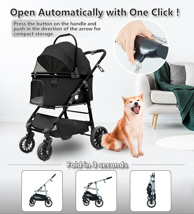 Dog Cat Stroller, Foldable 4 Wheels Dog Stroller for Small Medium Dogs 20 lbs,Pet Strollers for Large Dogs 50lbs, Stable Anti-Shock Detachble Carrier,with 360°Swiveling Front Wheel forTravel-Mewly Pet
