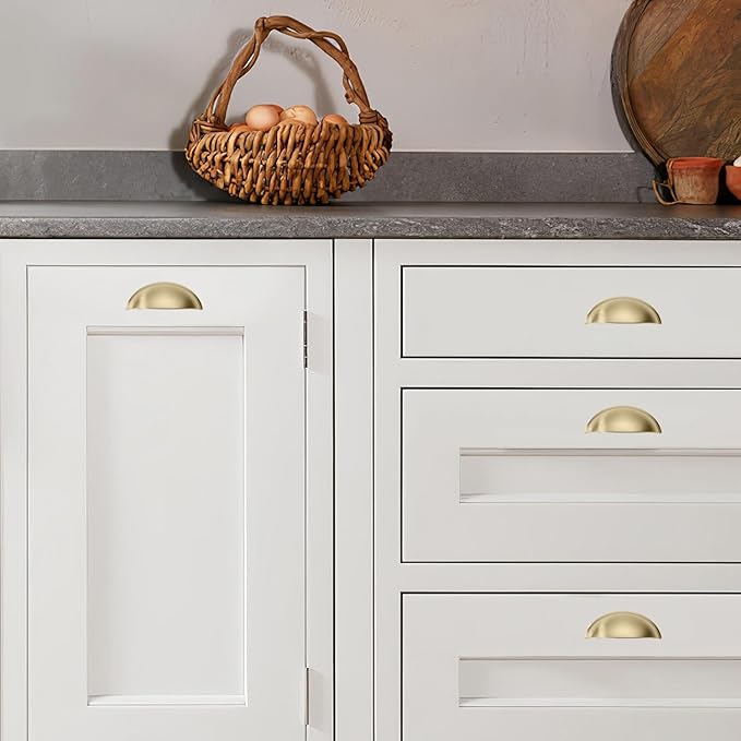khtumeware 2 Pack 3-3/4" Gold Drawer Pulls Brushed Brass Cabinet Cup Pulls Kitchen Hardware Cabinet Handles Drawer Handles Knobs 3-3/4 inch Hole Center