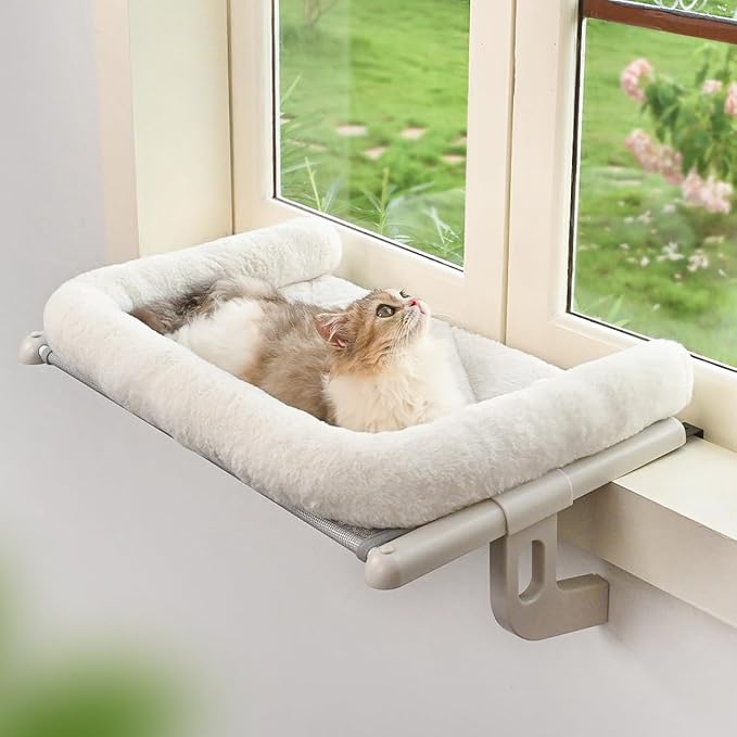 Cat Window Sill Perch with Large Bolster, Easy to Adjust & Assemble Cat Window Seat for Windowsill & Bedside, Pet Hammock Bed for Large Cats and Kittens (White, M)-Mewly Pet