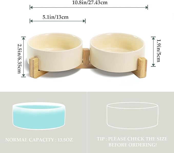 SPUNKYJUNKY Ceramic Dog and Cat Bowl Set with Wooden Stand, Modern Cute Weighted Food Water Set for Small Size Dogs (13.5OZ) & Medium Sized Dogs (28.7OZ) & Cats (1.7 Cups, 2 × Beige)-Mewly Pet