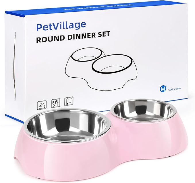 Double Dog Bowls Set – Non-Slip Pet Food & Water Dishes with Resin Stand, Includes Small (1 Cup) & Medium (2 Cups) Bowls – Ideal for Puppies, Cats, and Medium Dogs – Pink-Mewly Pet