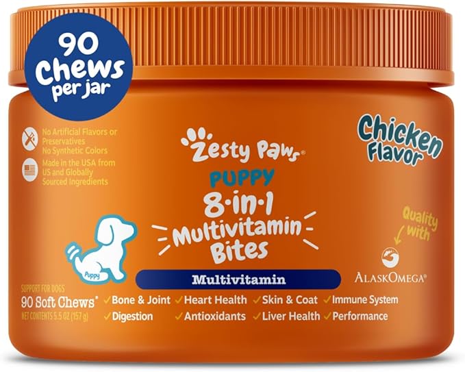 Zesty Paws Dog Multivitamin, Chewable Dog Vitamins and Supplements for Hip & Joints, Skin & Coat, Omega 3 Fish Oil for Dogs- Puppy Multivitamin - Chicken Puppy Bites- 90ct-Mewly Pet