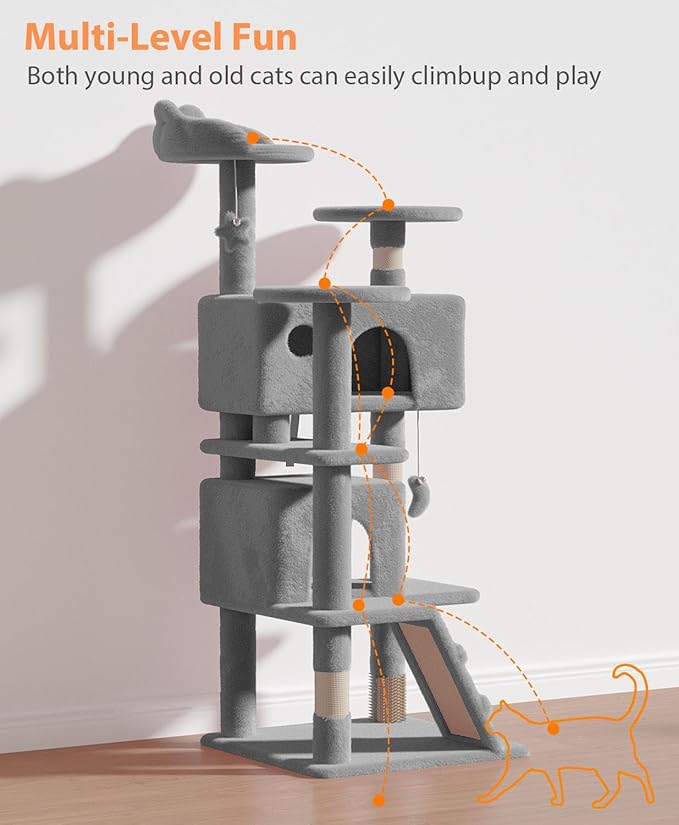 54" Cat Tree Tower for Indoor Cats Large Adult,Cute/Tall Modern Cat Tree for Big Cats 20 lbs, Plush Multi-Level Cat Condo with Scratching Posts, Dangling Ball for Fun (Light Gray, 54 inch)-Mewly Pet