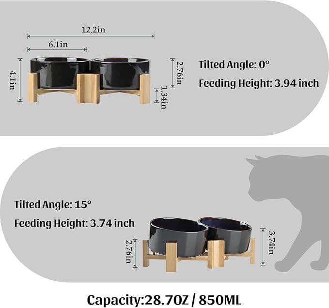 SPUNKYJUNKY 15° Slanted Ceramic Dog and Cat Bowl with Wooden Stand, Tilted Bulldog Food and Water Bowl No Slip Non-Spill for Cats Medium Dogs Big Face Pets 28.7 OZ (3.6 Cups, Starry Blue × 2)-Mewly Pet