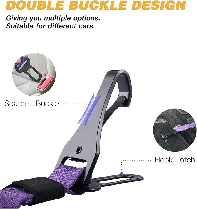 AUBELL Dog Seat Belt for Car,Updated 3-in-1 Adjustable Reflective Bungee Heavy Duty Dog Car Harness Tether with Clip Hook Latch & Buckle,Swivel Zinc Alloy Carabiner,Purple-Mewly Pet