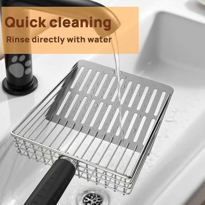 Heavy Duty Stainless Steel Cat Litter Scoop with Holder - Non-Slip Handle, Quick-Sifting Grid & Easy to Clean-Mewly Pet