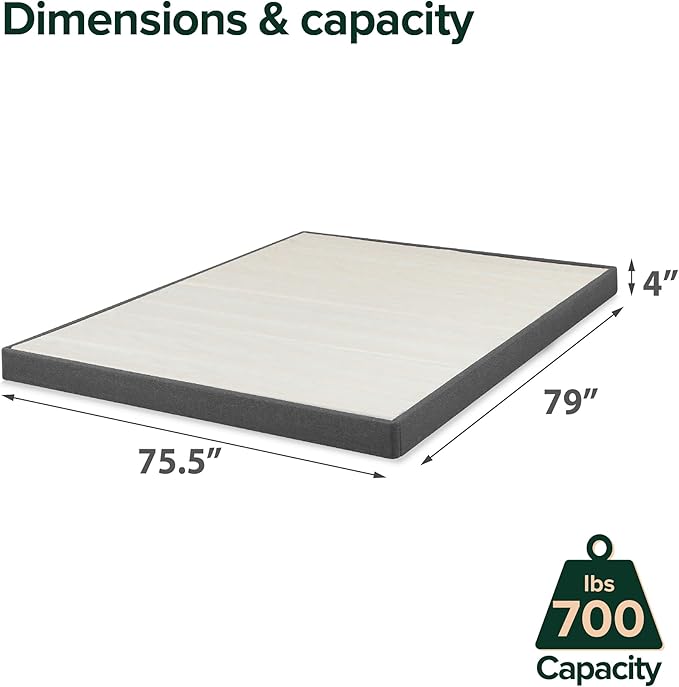 ZINUS Upholstered Metal and Wood Box Spring, 4 Inch Mattress Foundation, Easy Assembly, Fabric Paneled Design, King, Grey